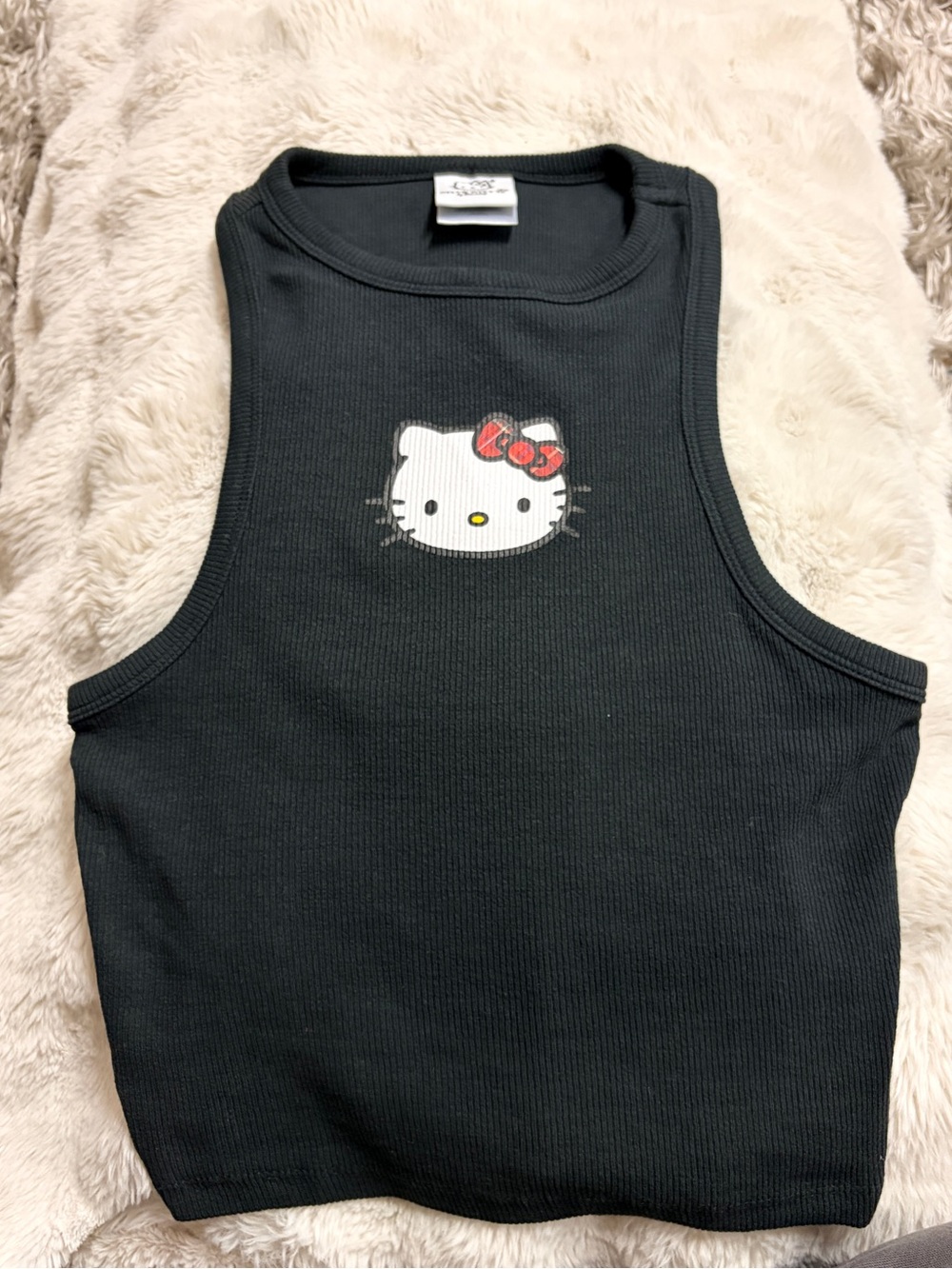 Hello Kitty Black Ribbed Crop Tank with Red Bow Accent